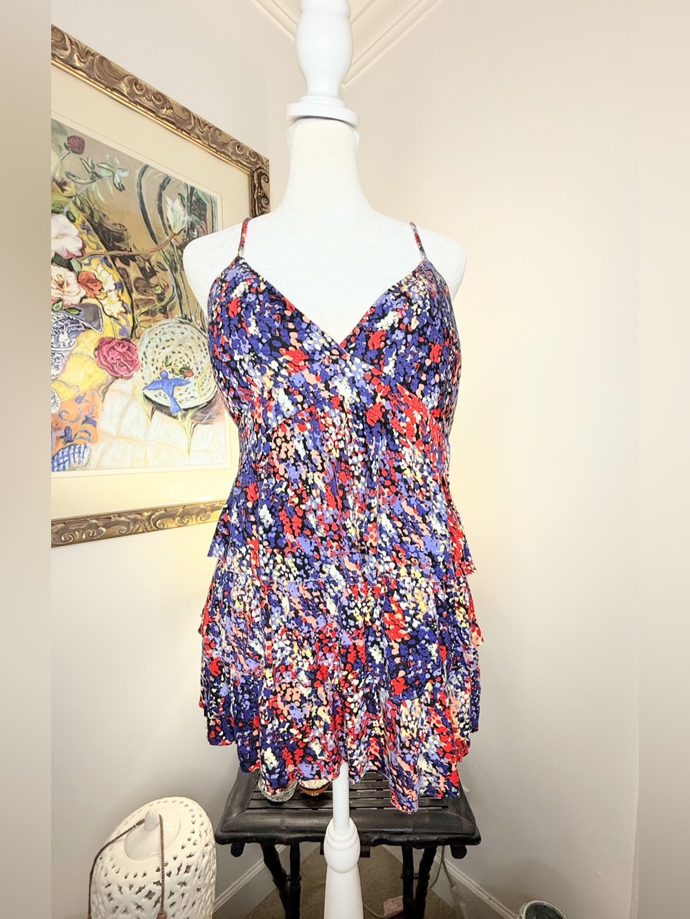 Elle Large Tiered Babydoll Tank Top Red Navy Floral Rayon Boho Adjustable
